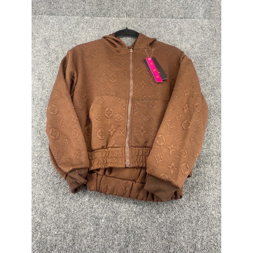 On Chic Mocha Brown Embossed Monogram Zip Up Hoodie Womens Size S Textured CMS06